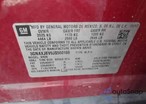 2018 Chevrolet Equinox Lt z USA, uszkodzony, nr VIN 3GNAXJEV9JS560188